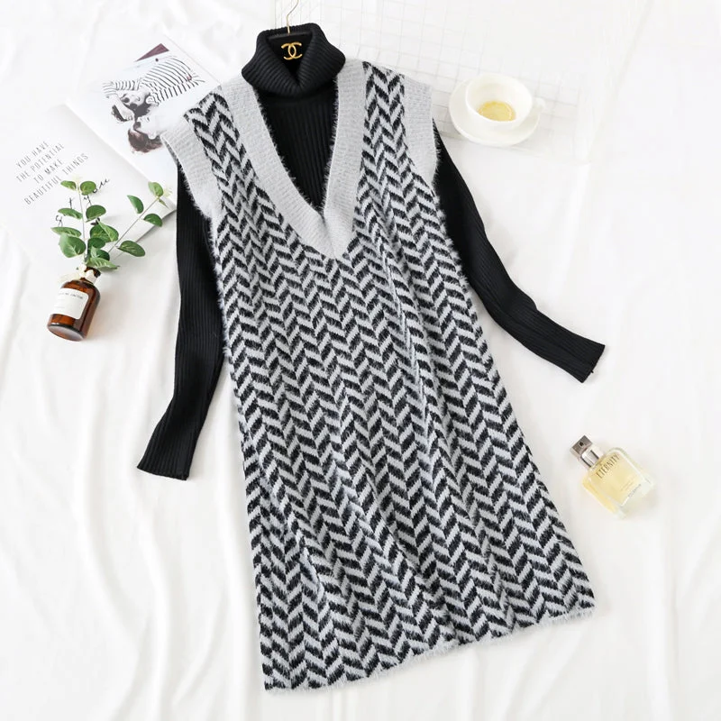 Trendy Athleisure Clothing For Women Net red mink velvet checkered sweater vest vest vest dress  2474