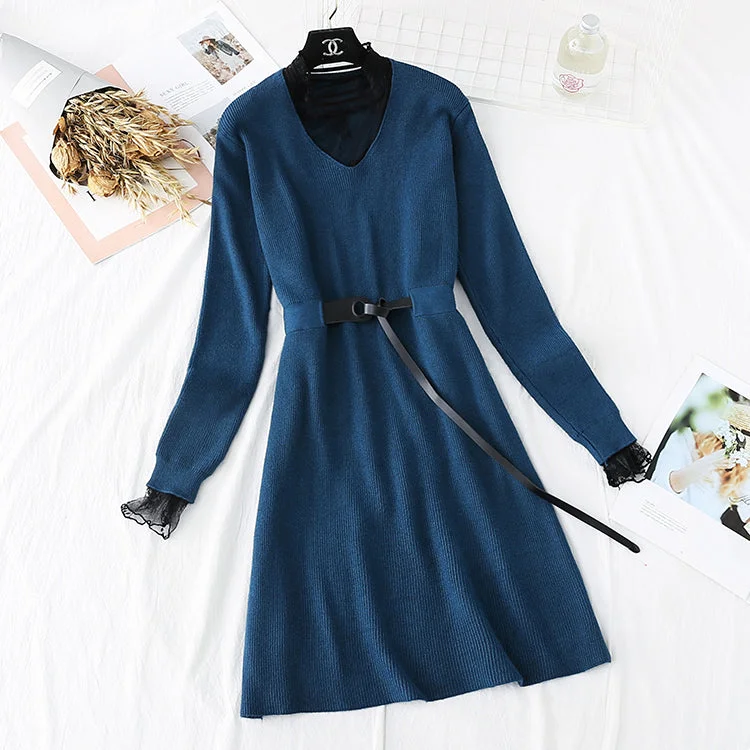 Vibrant Femme Fashion Knitted dress lace backing fake two skirts  4493