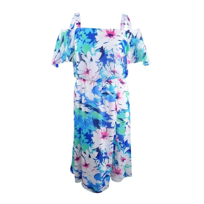 Urban Femme Streetwear Nine West Women's Floral-Print Cold-Shoulder Dress 10, Candy/Ice Blue Multi