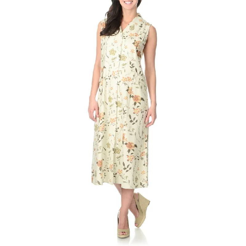 Clothing Sales La Cera Women's Ivory Floral Print Silk Button-front Dress