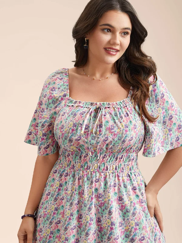 Versatile Women's Fashion Smocked Waist Floral Ties Tiered Maxi Dress