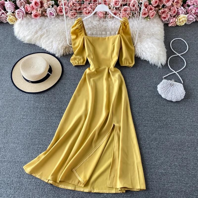 Seasonal Sale French retro square neck bubble sleeve waist slim dress  2940