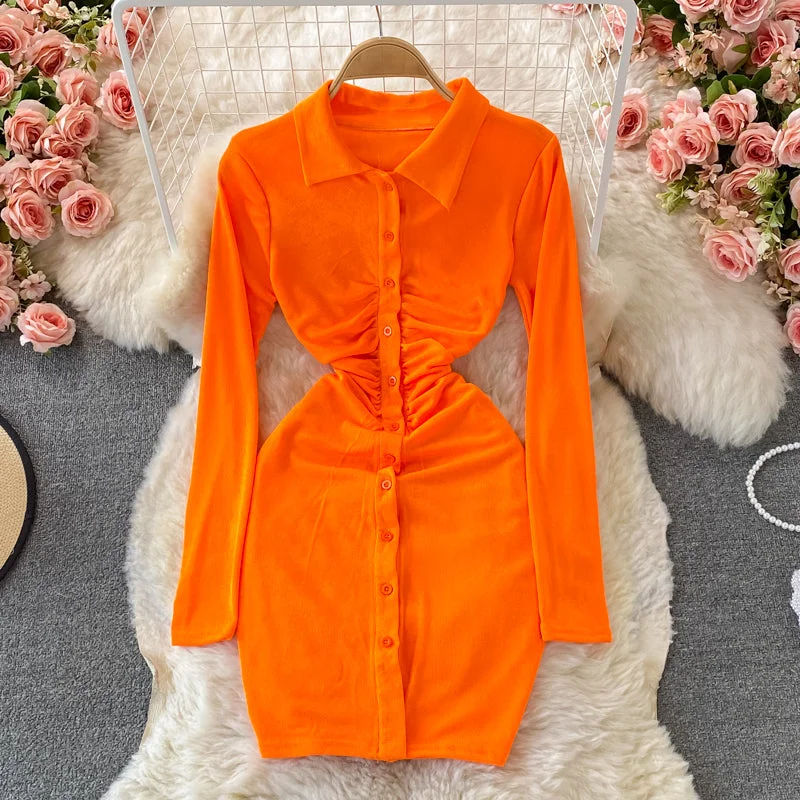 Women's Travel Outfit Set High waist pleated Lapel dress women's short skirt  3241