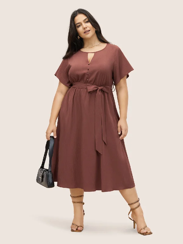 Women's Active Clothing Anti-Wrinkle Keyhole Button Detail Belted Dress