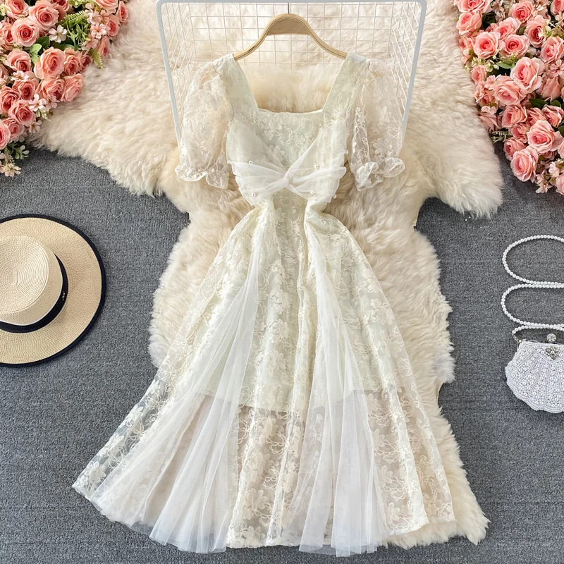 Women's Clothing Stores Temperament mesh stitched fairy skirt bubble sleeve dress  3332