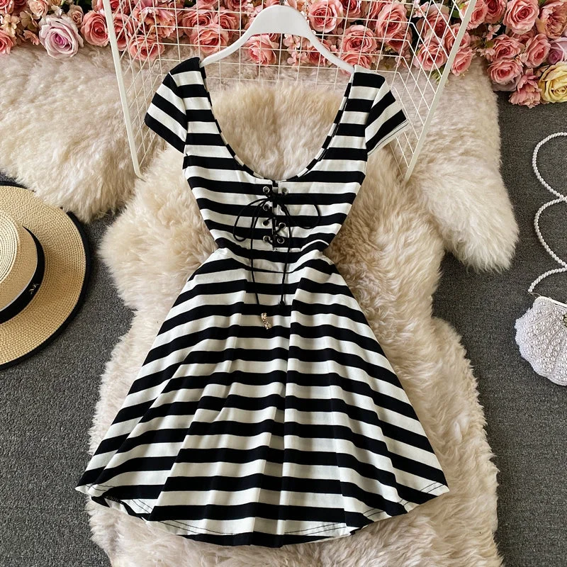 Women's Evening Wear V-neck striped dress slim low cut A-line skirt  3049