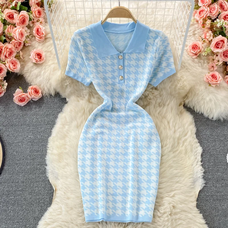Women's High Street Fashion Cute houndstooth knitted dress  397