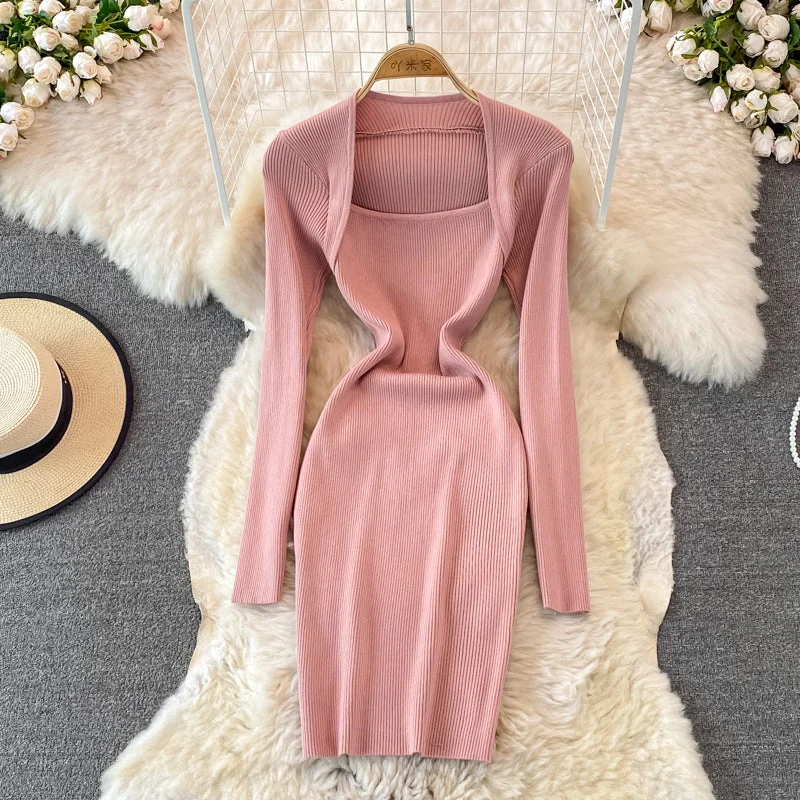 Women's Resort Garments Square neck tight elastic knitted dress  3758