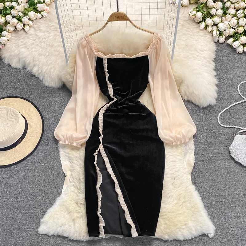 Everyday Women's Fashion Trends High waist slim square neck velvet dress  3765