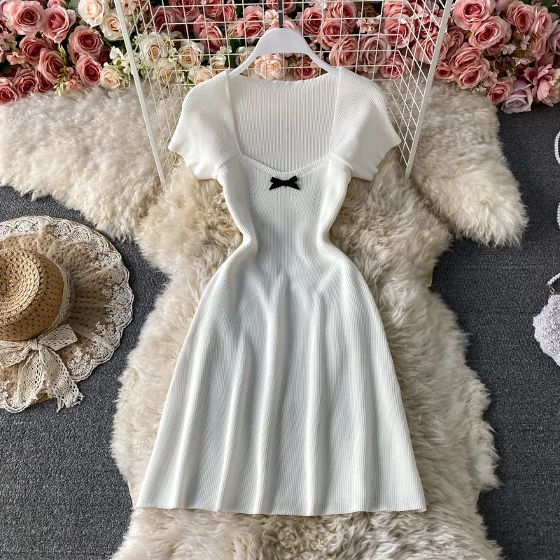 Women's Vacation Outfit Set Bow square neck slim knit dress  3437