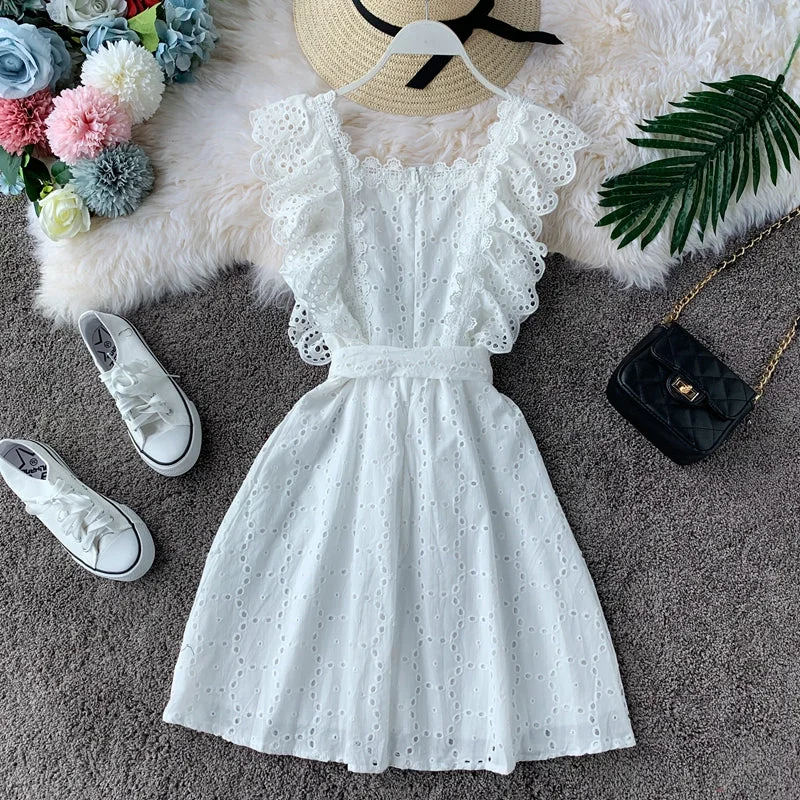 Women's Party Outfit Vintage Lace square neck waist slim dress  2827