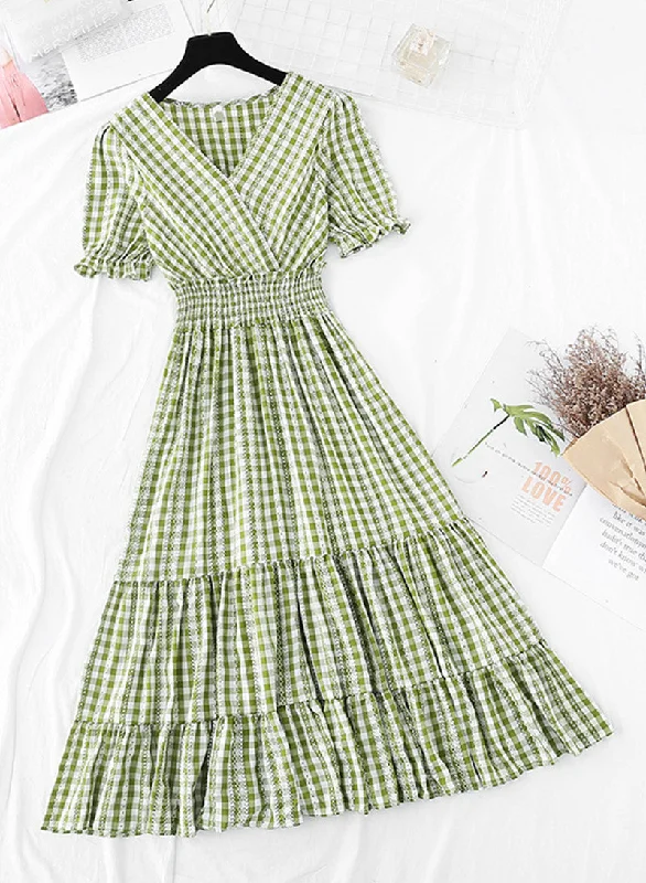Trendy Boutiques Online A line v neck plaid dress women's dress  1138