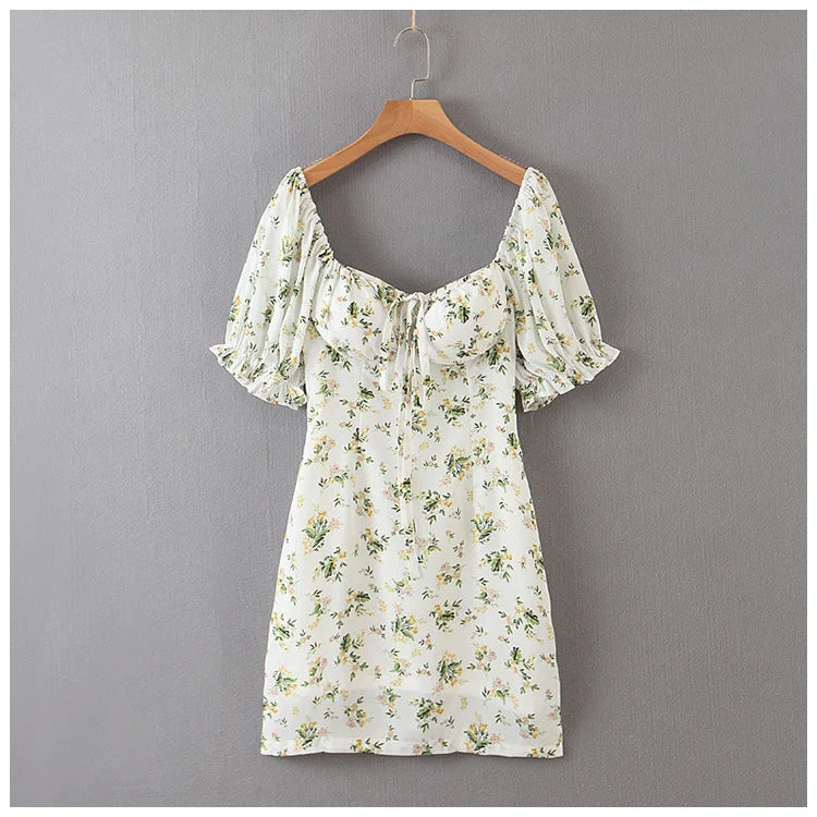 Women's Elegant Clothing Sets French retro court style square neck lace up bubble sleeve dress  7063