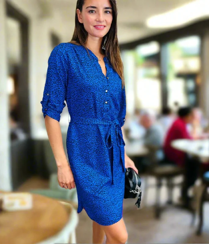 Casual Style for Busy Women Blue Dotty Print Belted Shirt Dress