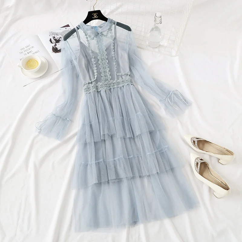 Classic Women's Fashion French minority retro doll skirt heavy industry lace mesh cake dress female  2468