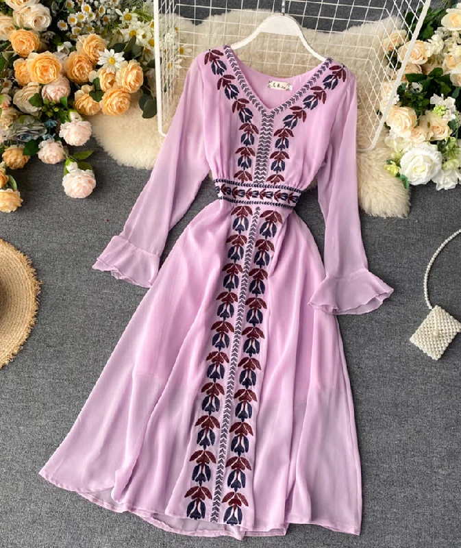 Stylish Women's Garments Stylish A line embroidery dress v neck chiffon dress  1016