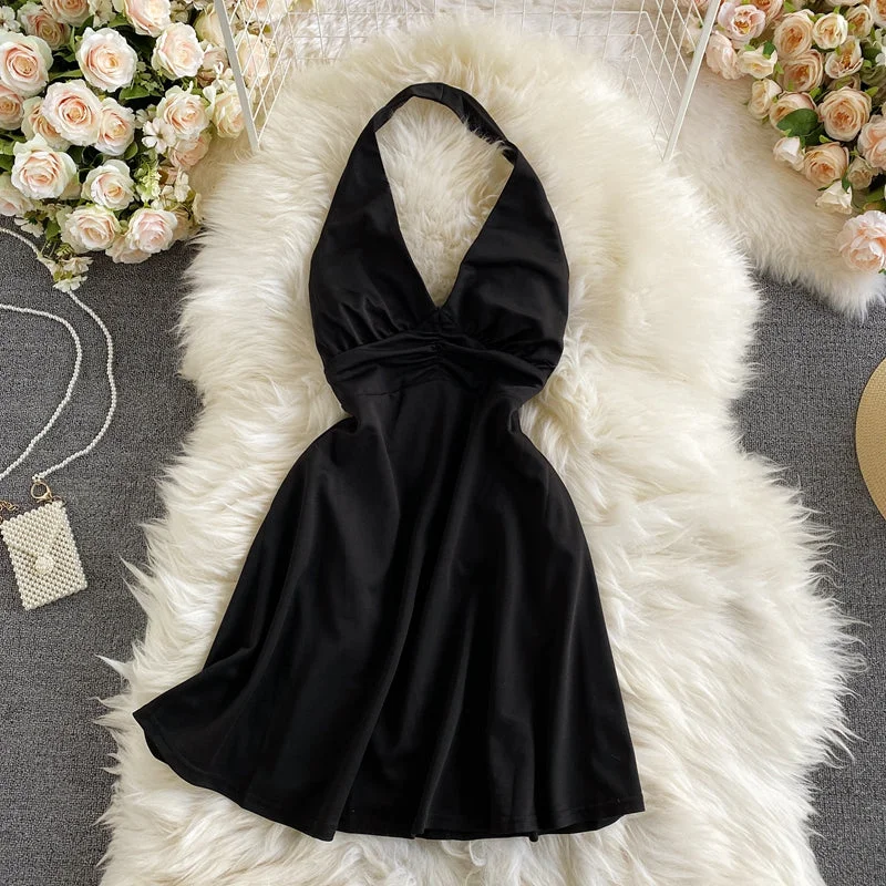 Relaxed Fit Women's Fashion Sexy temperament cross backless neck V-neck dress  2735