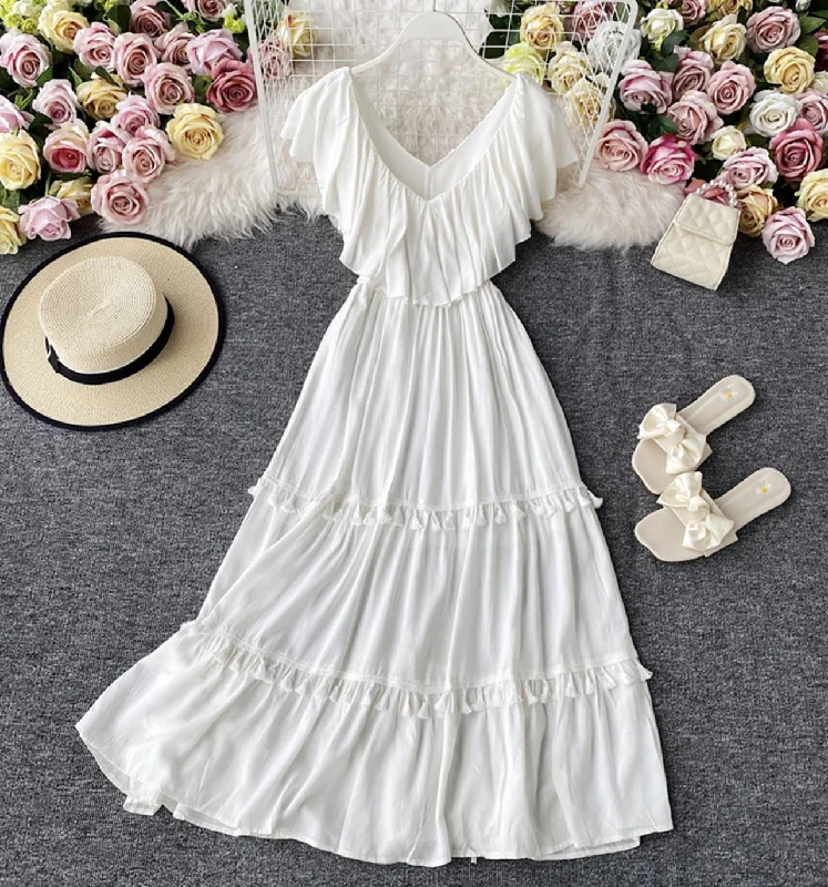 Fashionable Women's Wardrobe White v neck fringed dress A line fashion dress  743
