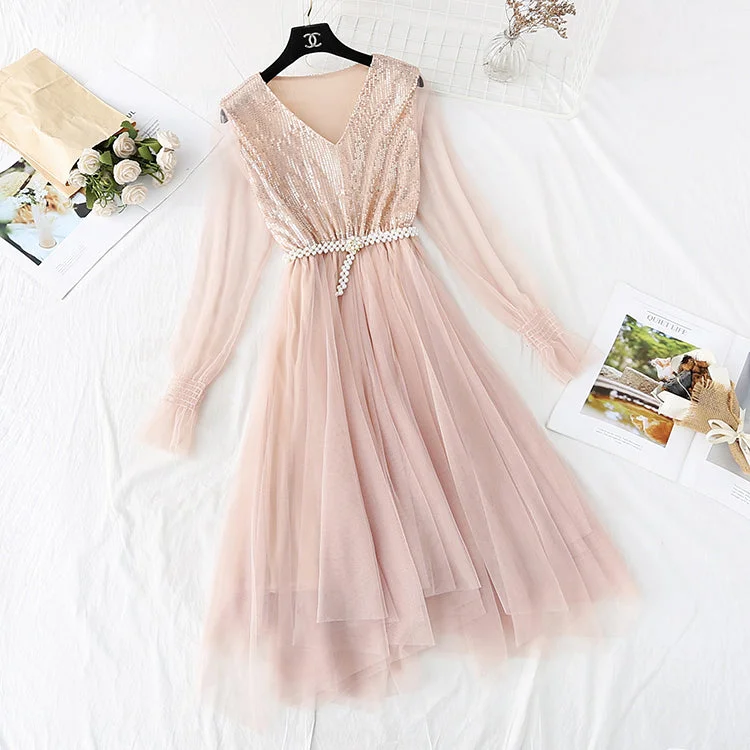 Vintage Fashion Women's dress with bottomed skirt shows thin temperament and gentle style  2375
