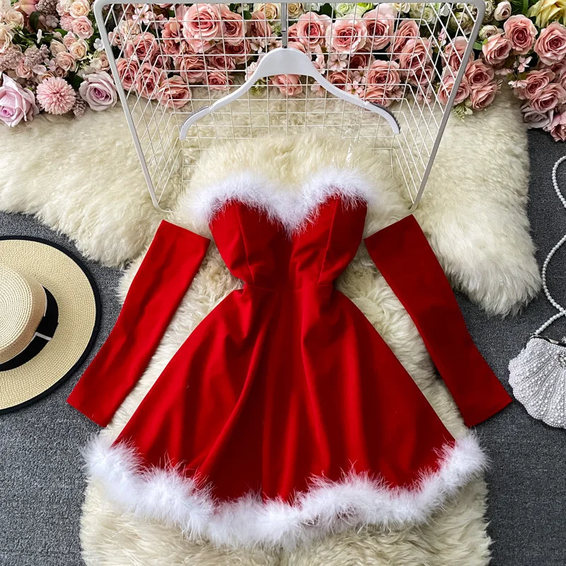 Bold Fashion Red/black fashion heart-shaped collar sexy waist slimming off-shoulder Christmas birthday dress 2718