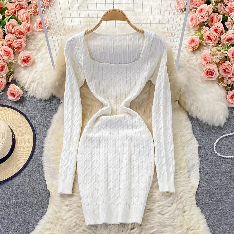 Holiday Discount Square neck slim knit dress  3353