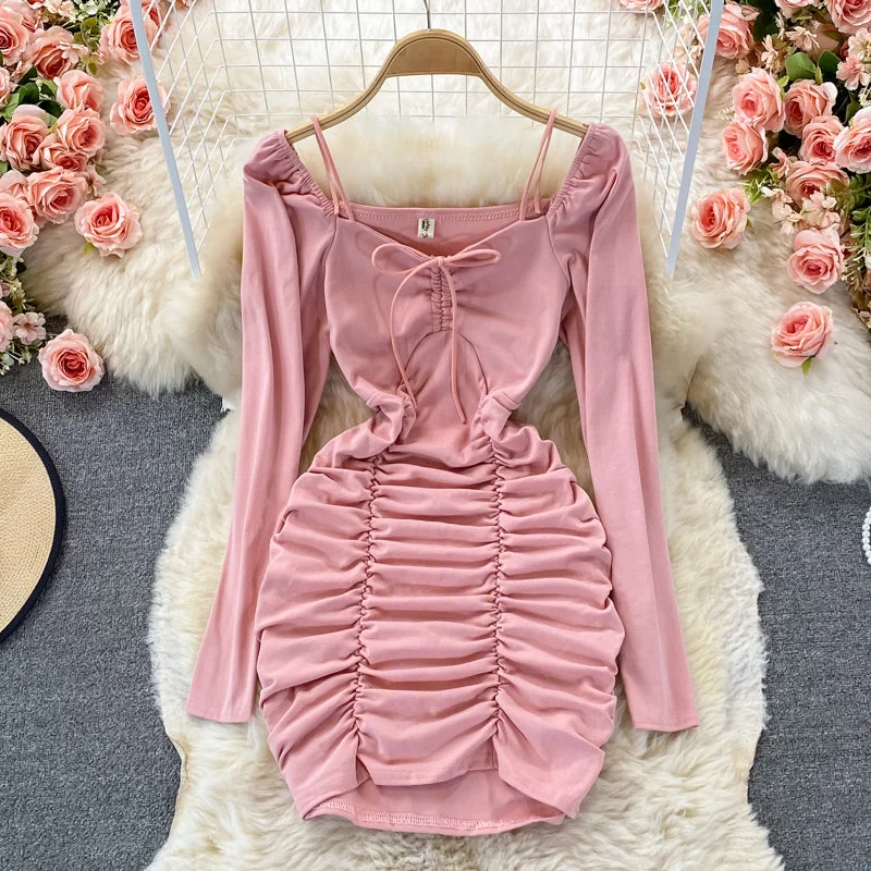Women's Trendy Clothes Sexy bubble sleeve slim fit lace up pleated square neck wrap hip dress  2917