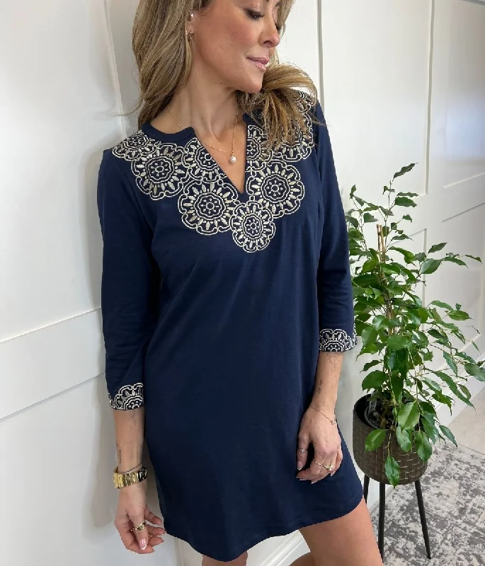 Fashion-forward Women's Clothing Navy Embroidered Tunic Dress
