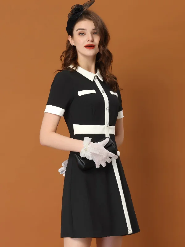 Casual Chic Clothing For Women Vintage Lapel Short Sleeve Contrast Color Fit and Flare Dress