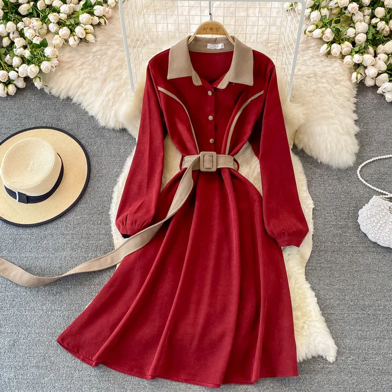 Bold Fashion Lapel waistband shows thin temperament corduroy dress  3389