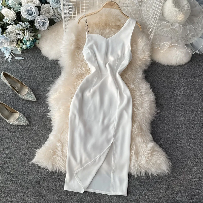 Women Clothing Sexy off shoulder low chest diagonal neck slim split hip dress  3054