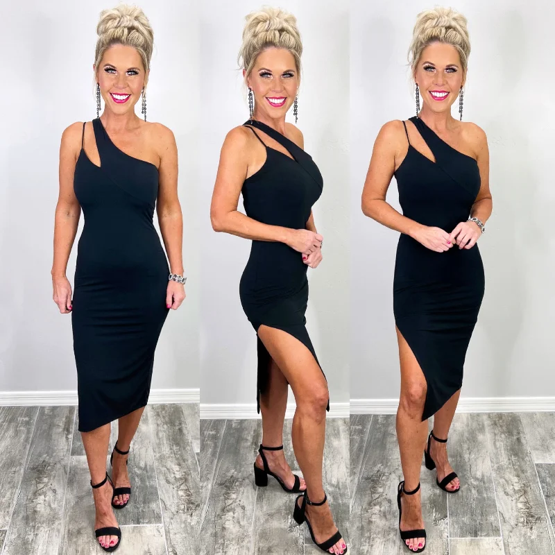 Bold Fashion One Shoulder Slit Dress - Black