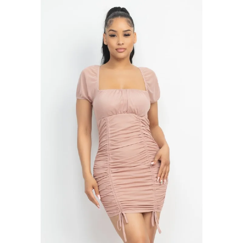 Versatile Women's Clothing for All Occasions Cuffed Sleeves Square Neckline Ruched Design With Drawstring Mini Length Dress