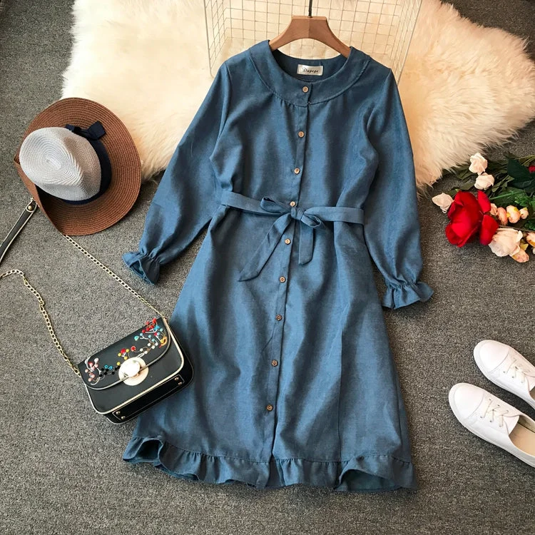 Classic Clothes For Women Round neck high waist Ruffle lace up dress  3398