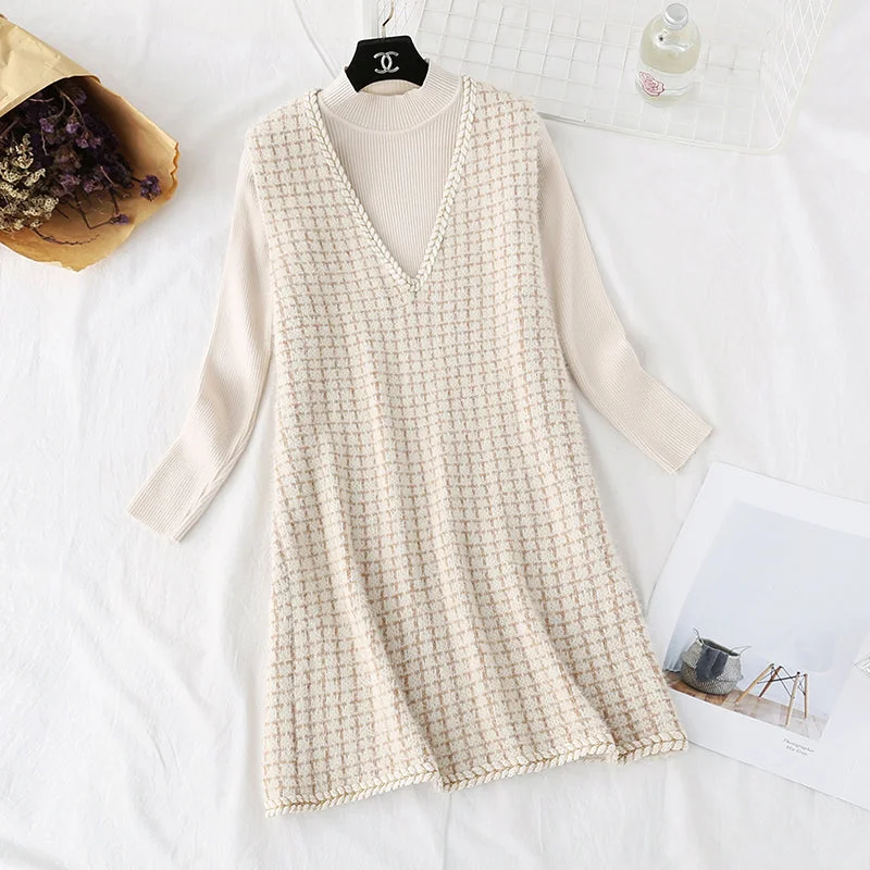 Chic Outfits New knitted bottomed shirt vest skirt two piece dress  4453