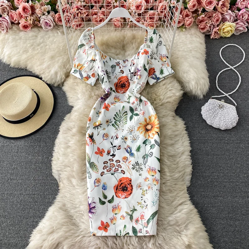 Women's High-Fashion Garments Square neck bubble sleeve slim print buttock dress  3161