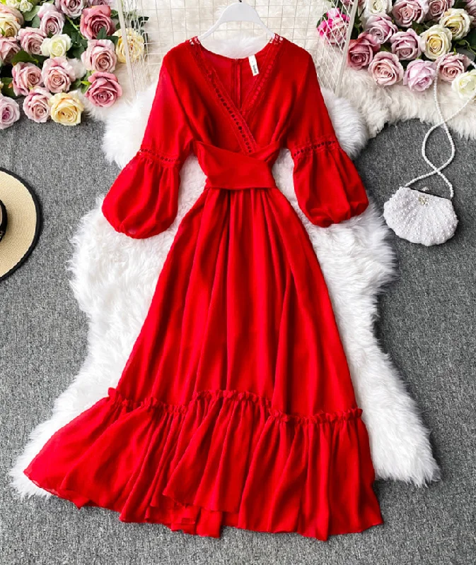 Casual Dresses for Women Red A line chiffon dress fashion girl dress  1000