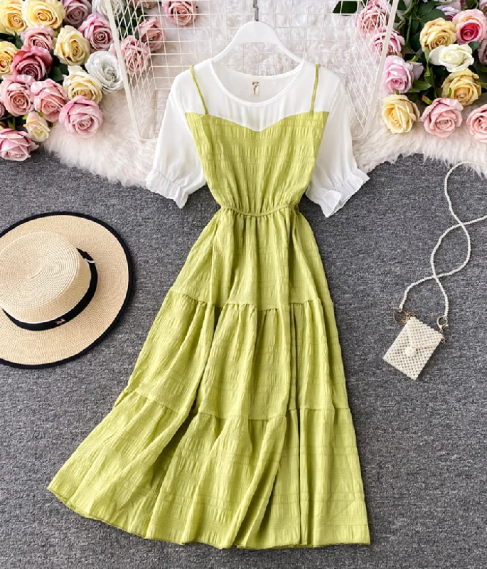 Women's Date Night Outfit Cute A line round neck stitching dress summer dress  1230