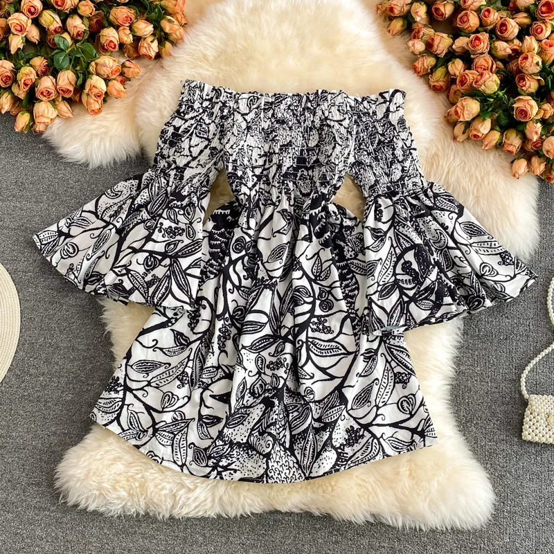Luxe Women's Fashion Skirt with straight neck, open shoulder and waist, thin ink painting dress, horn sleeve  2749