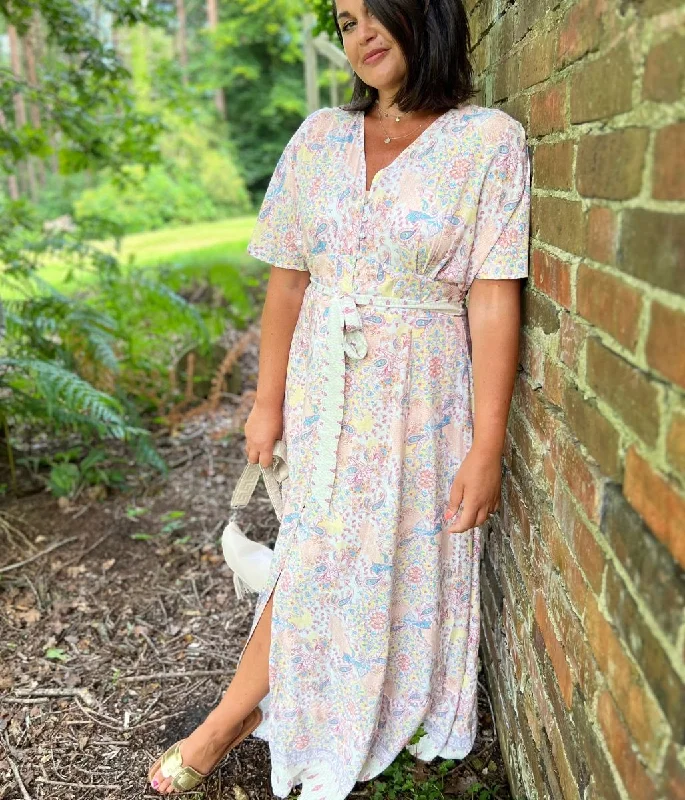 Premium Fashion Button Front Angel Sleeve Maxi Dress