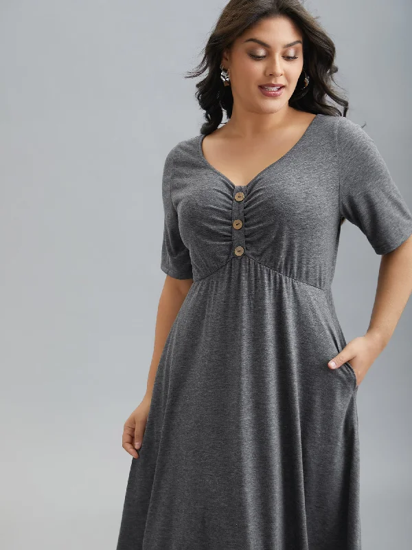 Chic Women's Clothing Gathered Button Detail Plain Knit Dress