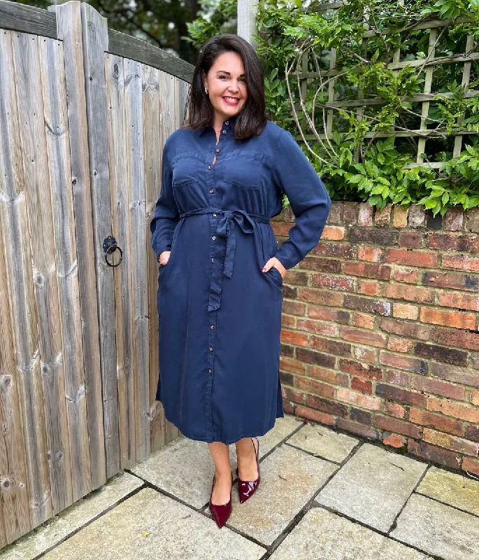 Fashionable Casual Tops Navy Tencel Belted Midi Shirt Dress