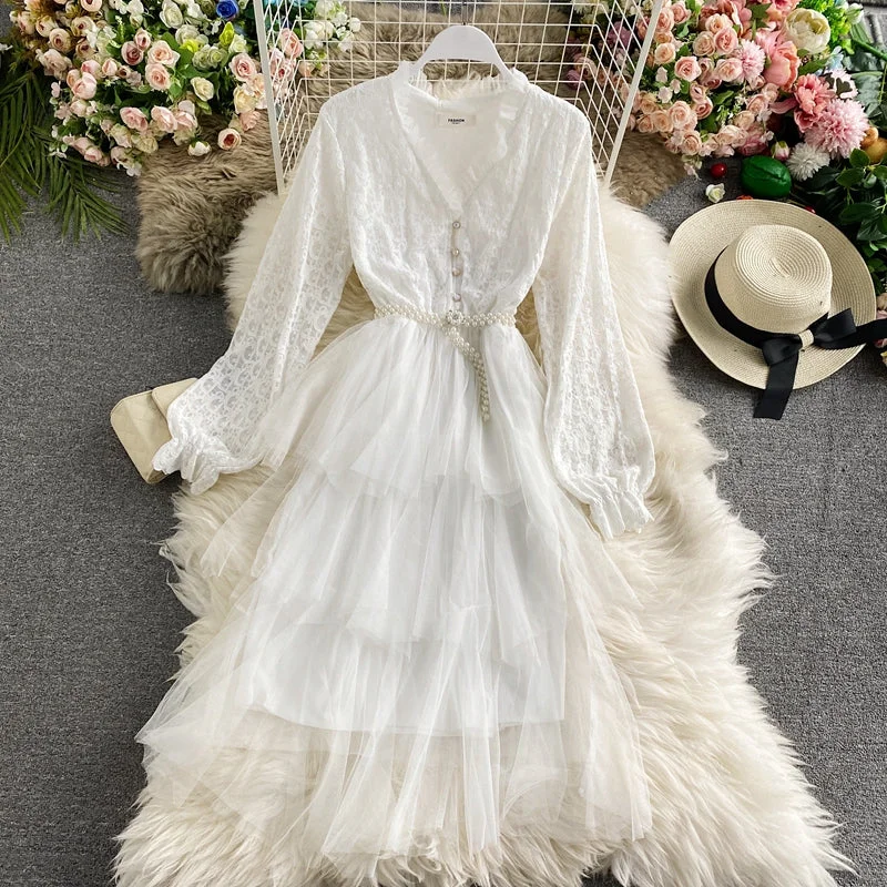 New Arrival Discounts Mesh Ruffle lace patchwork cake skirt dress  3282