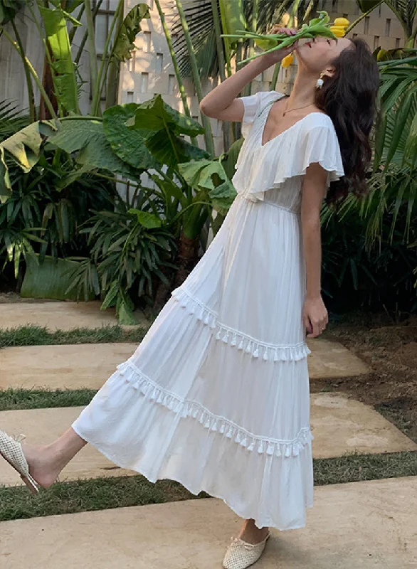 Modern Women's Fashion with Vintage Touches White v neck fringed dress fashion girl dress  1212