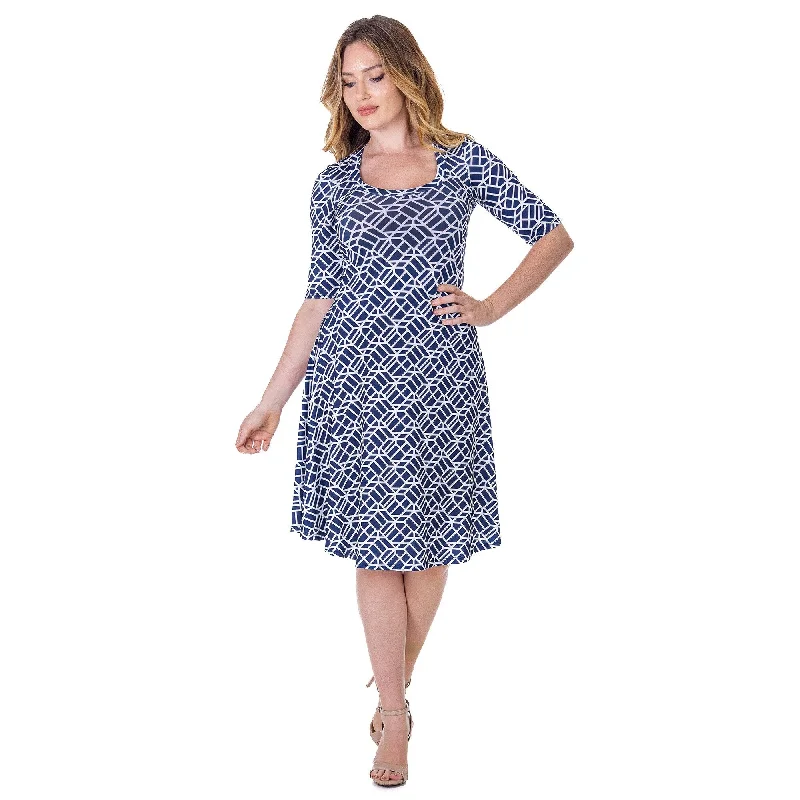 Designer Women's Fashion Online 24seven Comfort Apparel Womens Navy Geometric Print Knee Length Elbow Sleeve Dress Designer Women's Fashion Online 24seven Comfort Apparel Womens Navy Geometric Print Knee Length Elbow Sleeve Dress