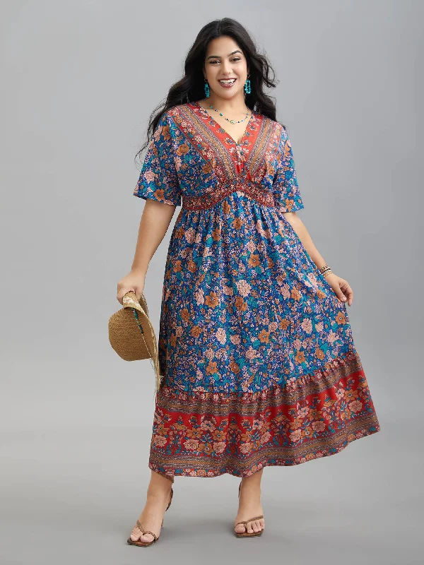 Sale Clothes Online Boho Print Ruffled Shirred V-Neck Maxi Dress
