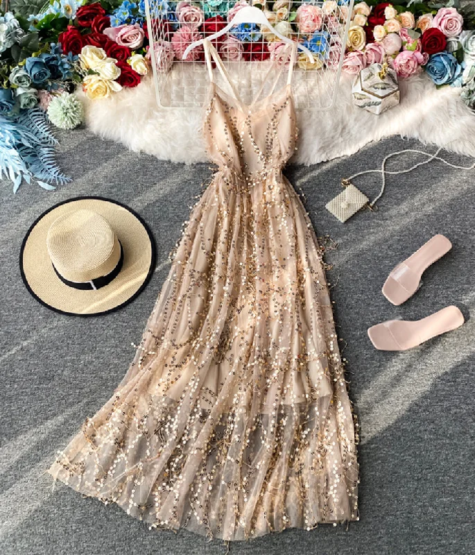 Comfortable Women's Clothing Stylish v neck tulle sequins dress fashion girl dress  1241