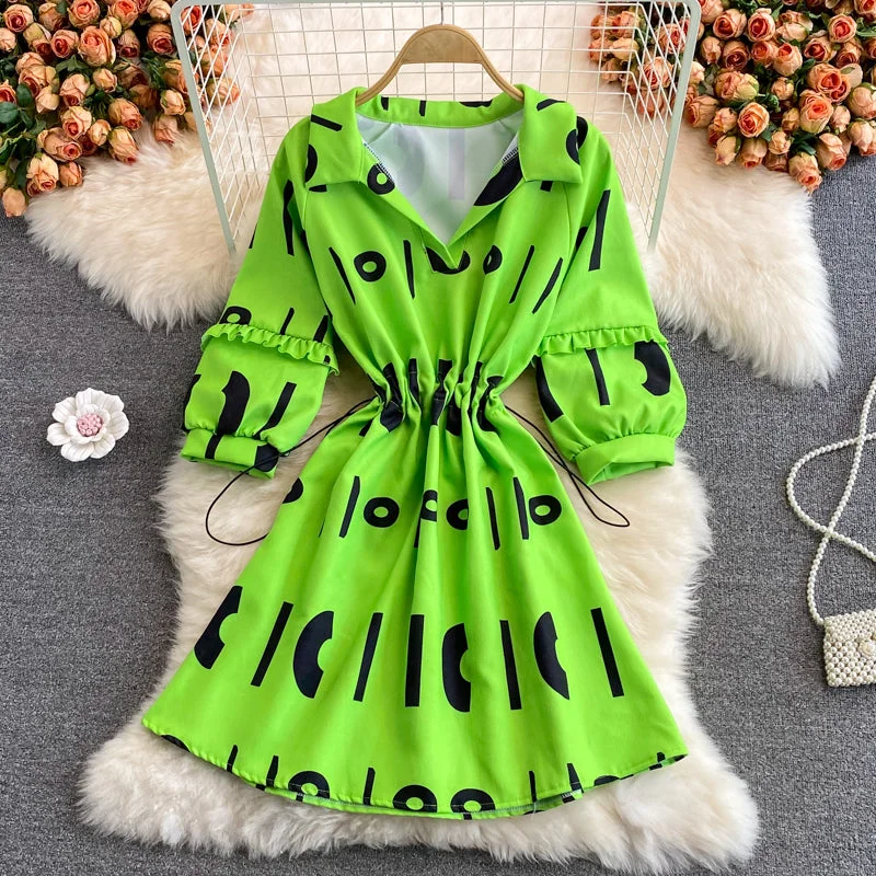 Workwear Fashion for Women V-neck lettered print dress gentle wind waist sweater skirt  3113