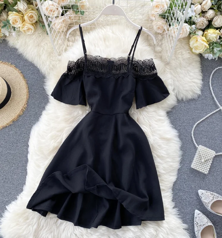 Modern Women's Apparel Cute black lace short dress A line off shoulder dress  742