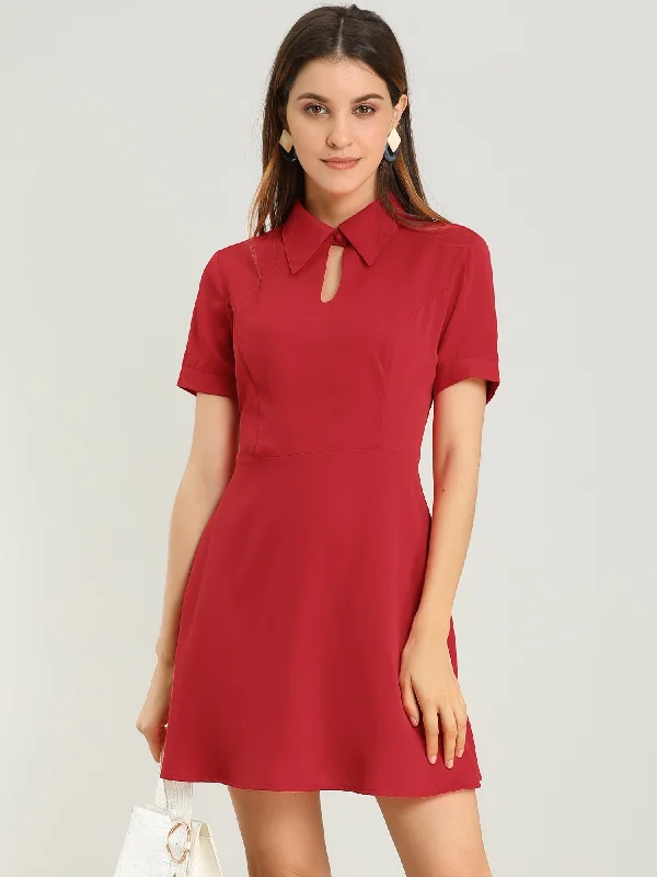 Women's Seasonal Fashion Trends Work Fit and Flare Mini Turndown Collared Keyhole Dress