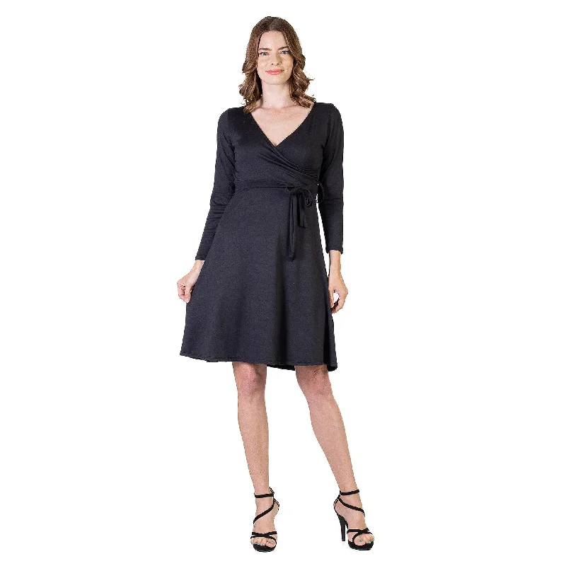 Women's High Street Fashion 24seven Comfort Apparel Chic V-Neck Long Sleeve Belted Dress Women's High Street Fashion 24seven Comfort Apparel Chic V-Neck Long Sleeve Belted Dress